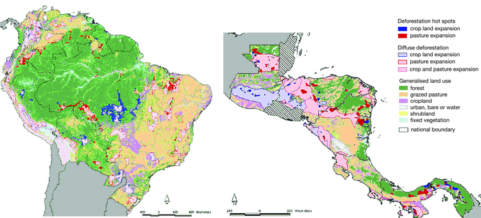 Predicted 2000-2010 South American and Central American deforestation hotspots and diffuse deforestation areas