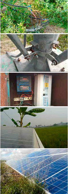 Example of a dangerous cable connection; Galvanic corrosion of a manual tracking system; Limited heat dissipation capability of corroded controller housing; Examples of inadequate maintenance Accumulated grime at the lower end of a PV panel; Example of shadowing by not maintained ground vegetation PV-experienced farm worker