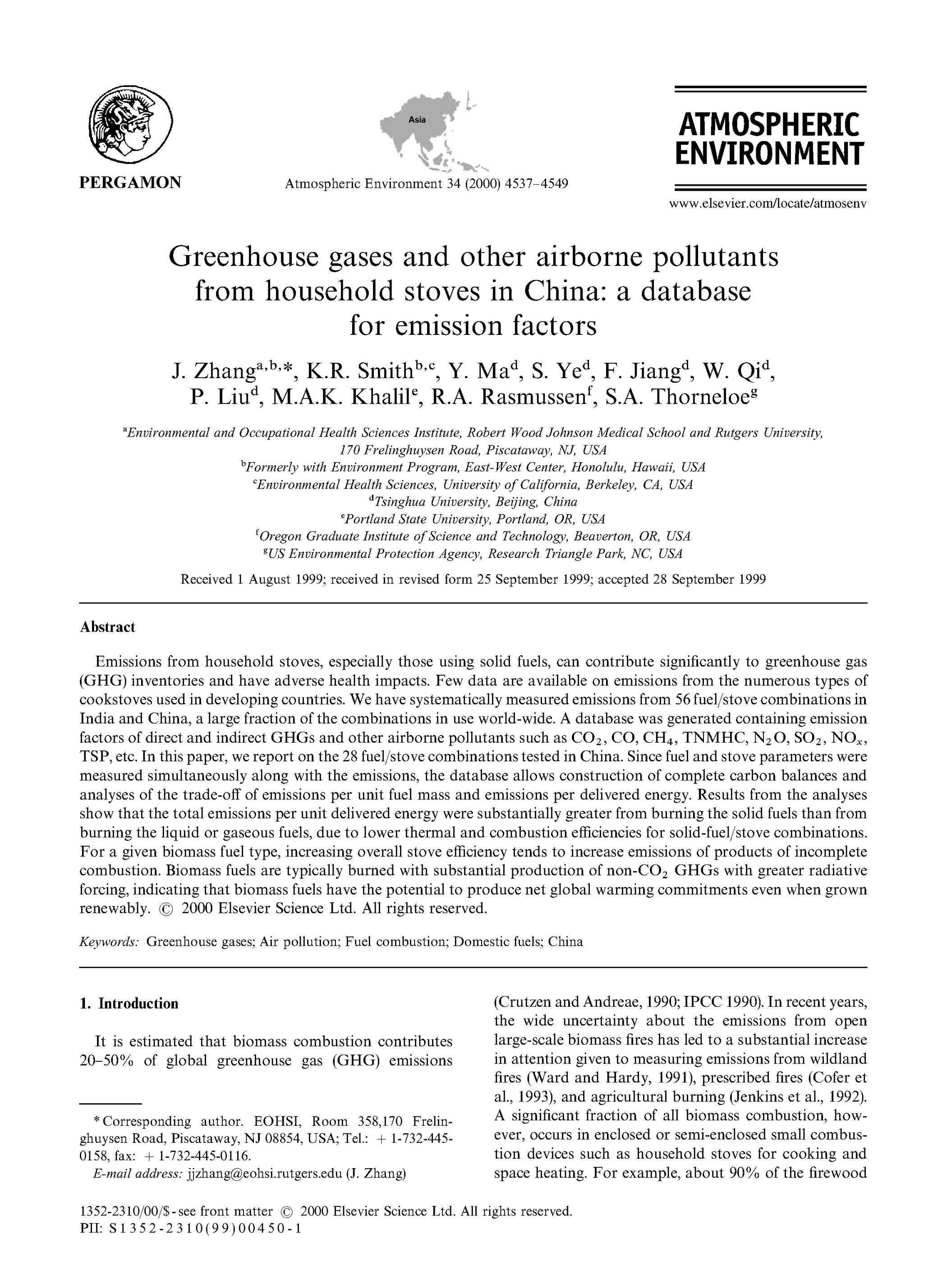 Greenhouse gases and other airborne pollutants from household stoves in China: A database for emission factors