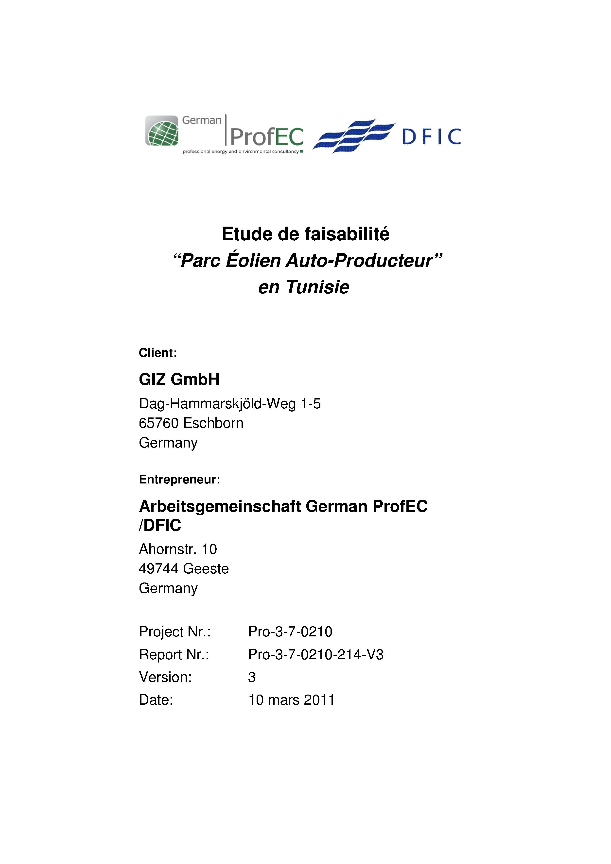 Feasibility study for a wind parc within the autoproduction framework, German ProfEC/DFIC/GIZ, 2011