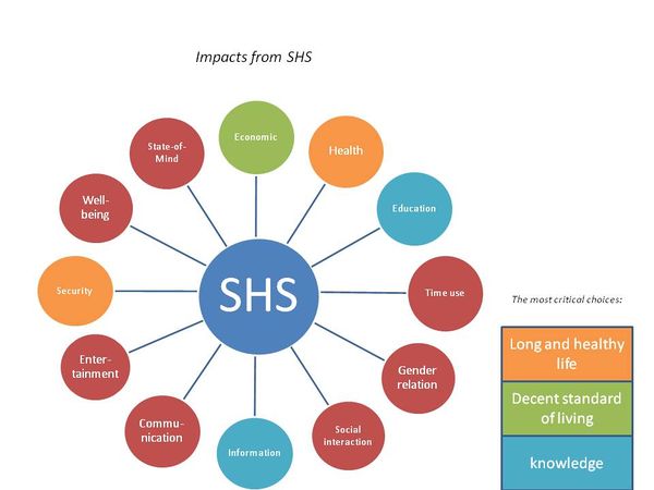 Diagram of impacts from SHSs in Rema indicating the achieved choices (Orange, green and blue mark critical choices achieved. Red marks choices beyond these basic needs)