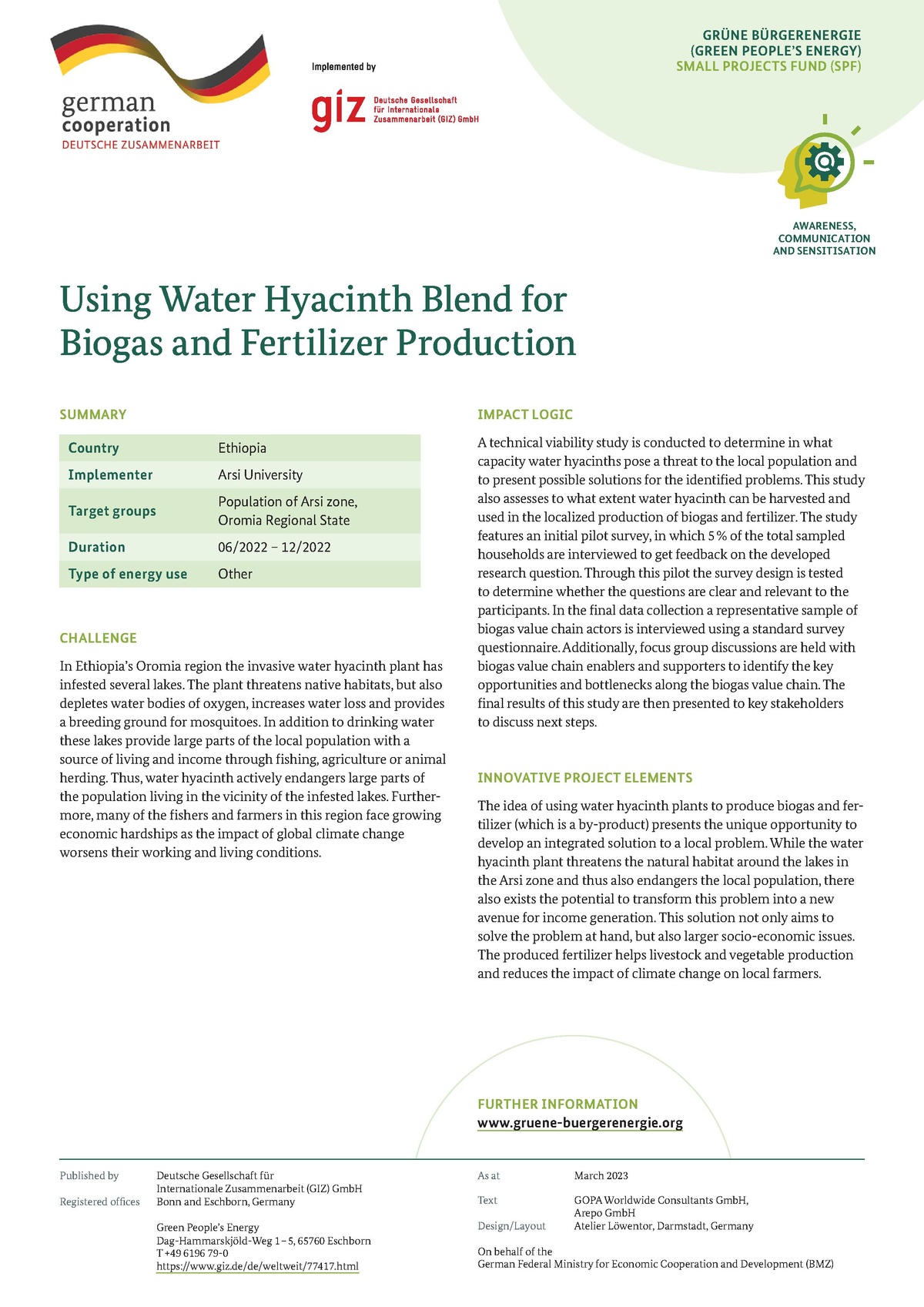 Using Water Hyacinth Blend For Biogas And Fertilizer Production   Page1 1200px GBE SPF Arsi University Projectfactsheet.pdf 