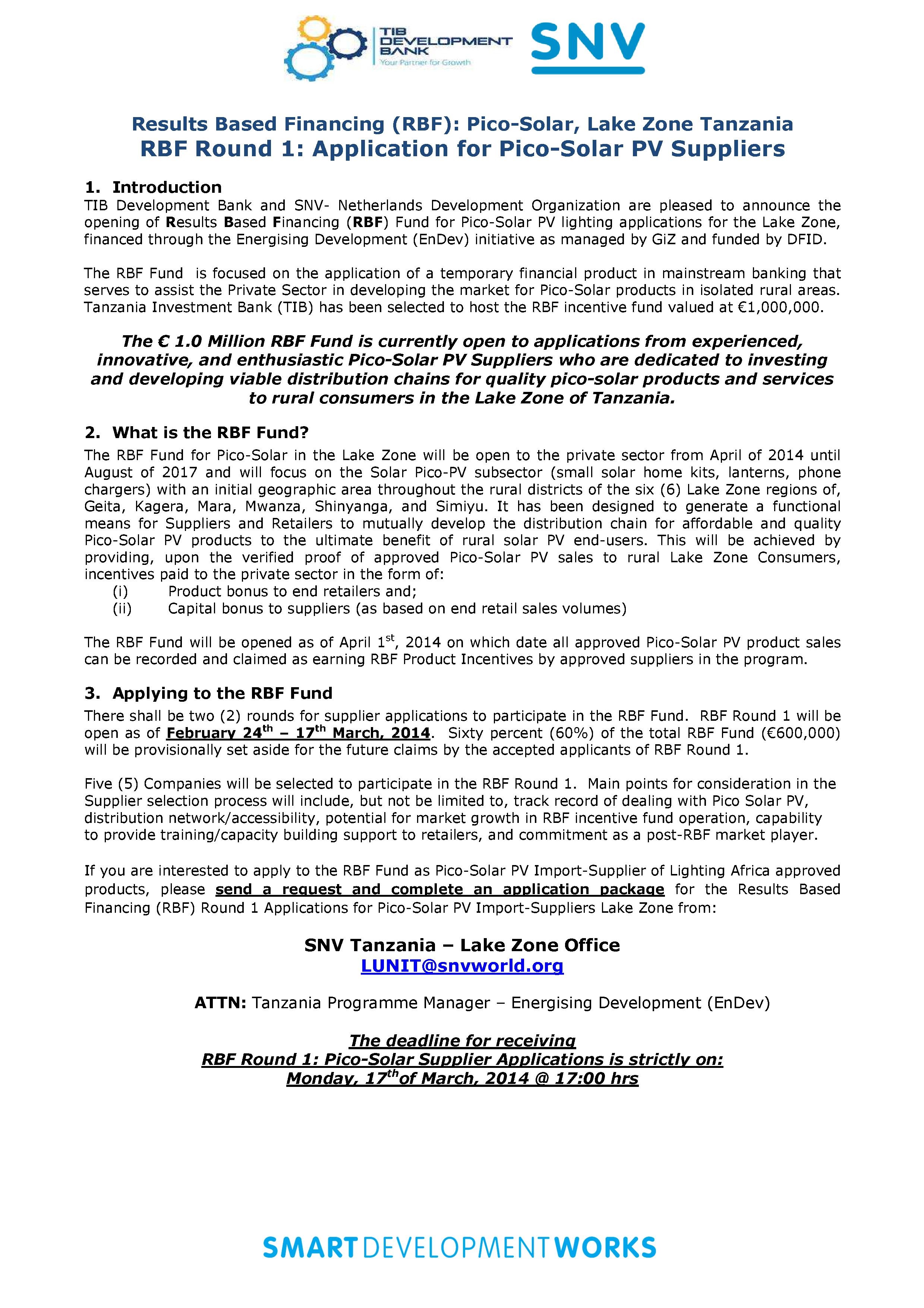 Tanzania Call for Proposals – Lake Zone PicoPV (March 2014)