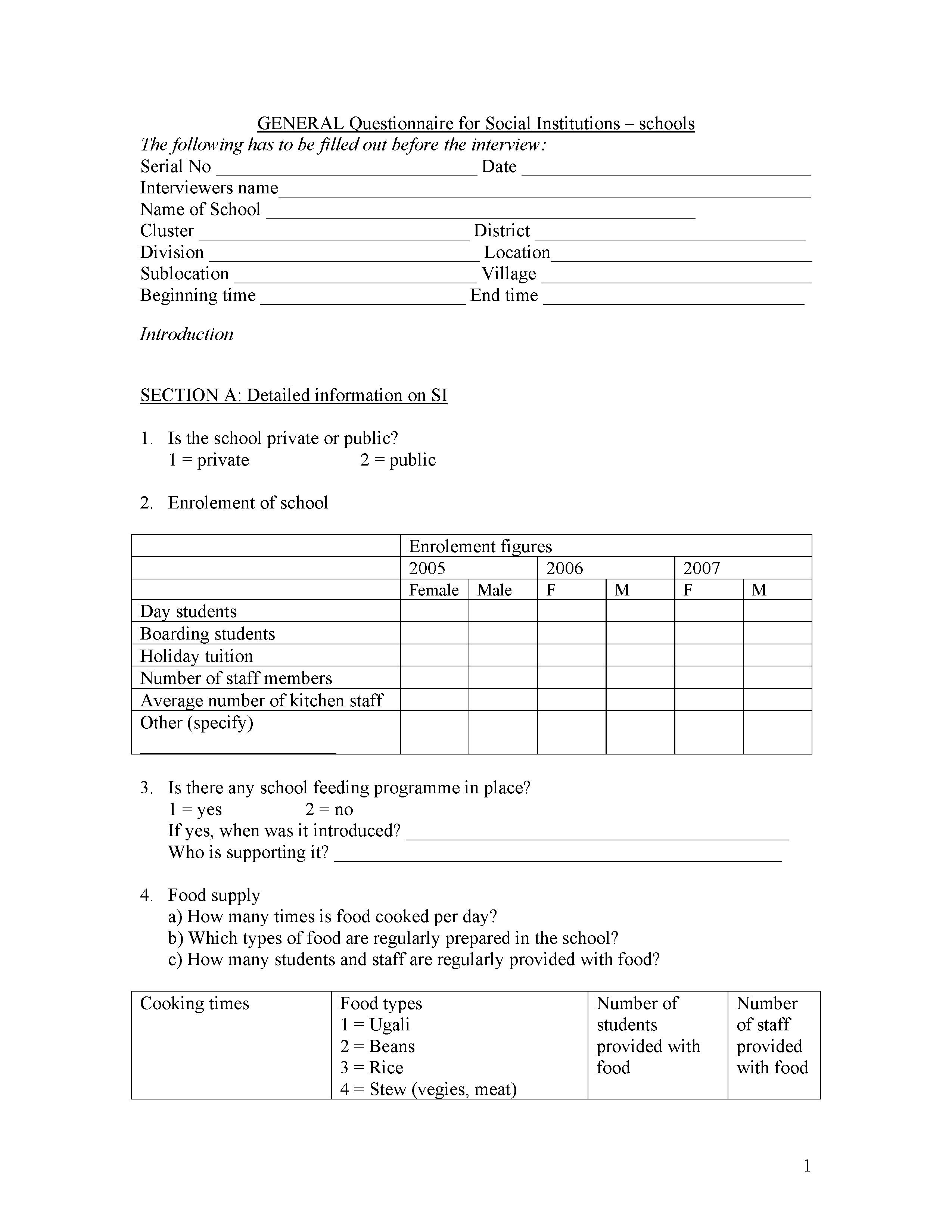 Questionnaire for Social Institutions in Kenya