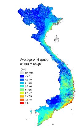Average wind speed at 100 m height in Japan map