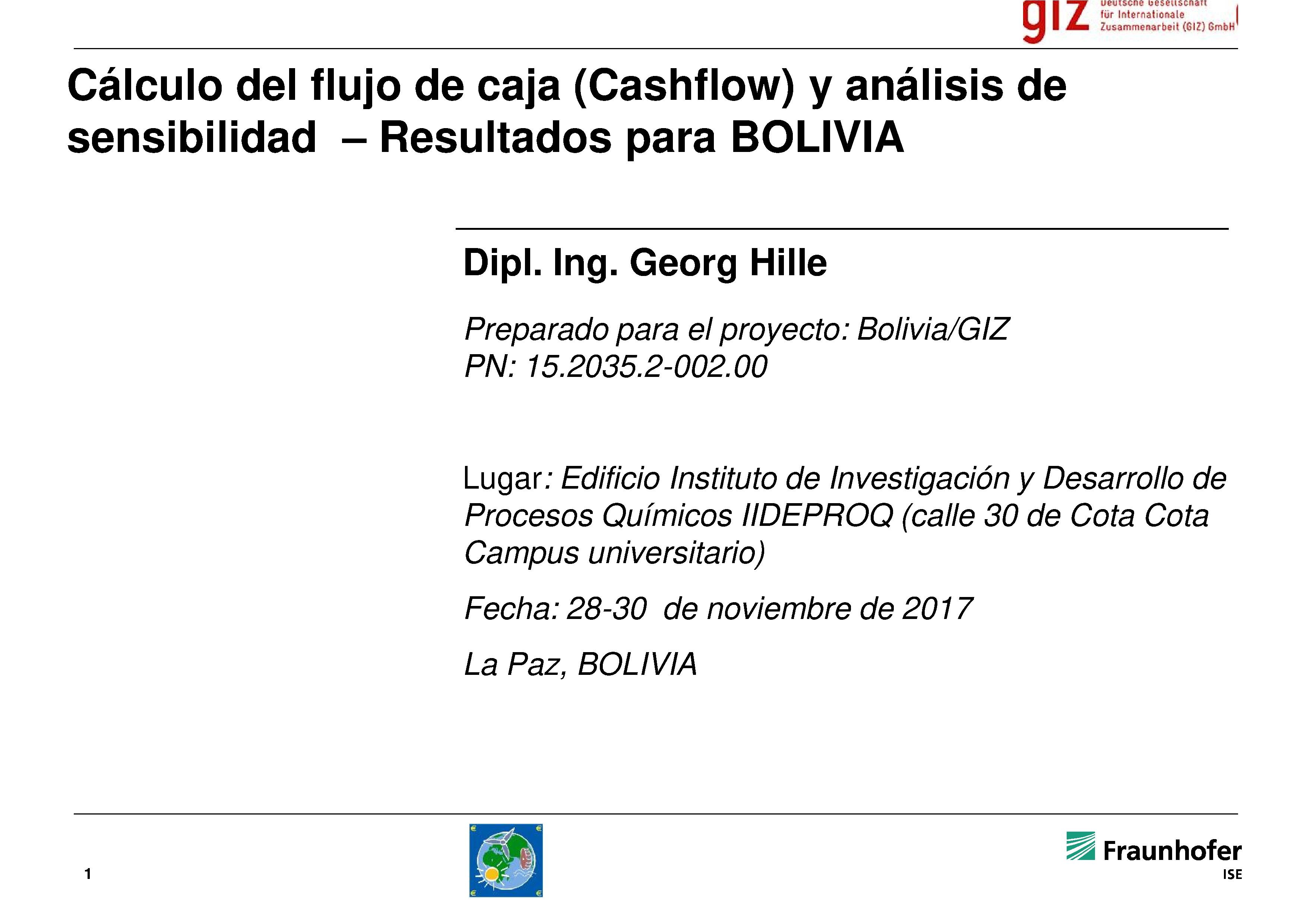 • Cálculo del flujo de caja (cashflow) y análisis de sensibilidad, resultados para Bolivia (Georg Hille)